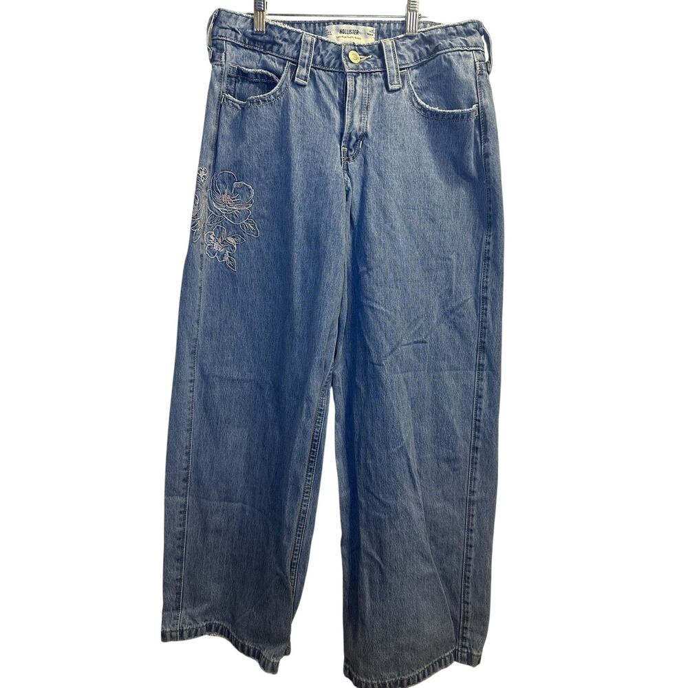 Hollister Low Rise Super Baggy Jeans W27 Floral Embroidered Y2K Wide Leg